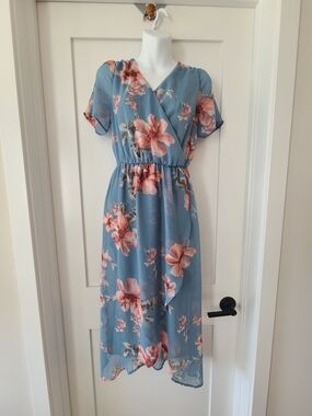 Sienna Sky Light Blue Dress with Taupe Floral Accents